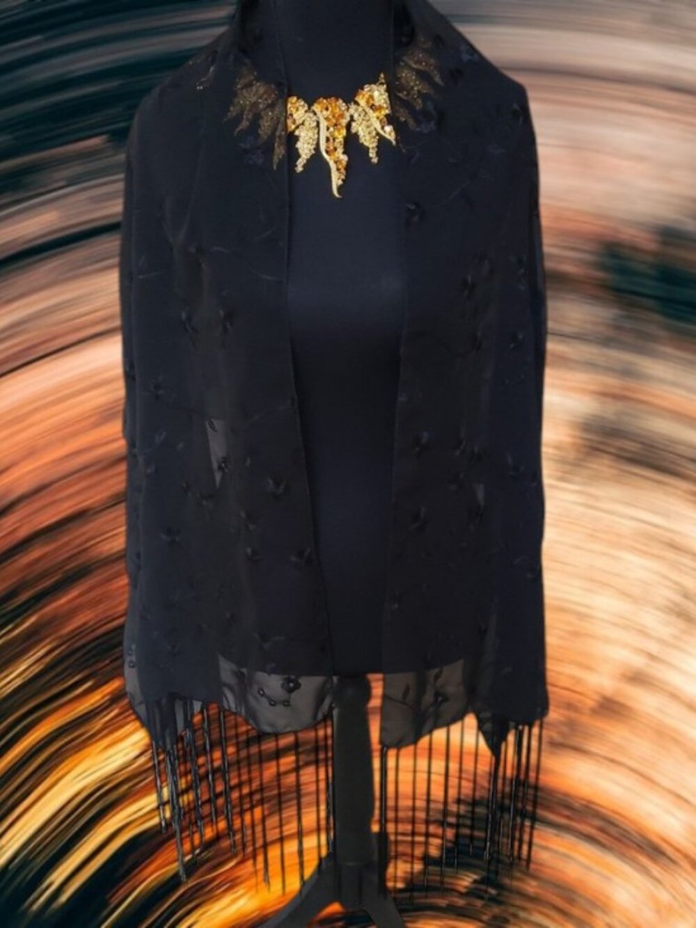 Elegant Ladies Sheer Silk Feel Embroidered Black Fringe Shawl  ✨21" X 63" NWOT✨